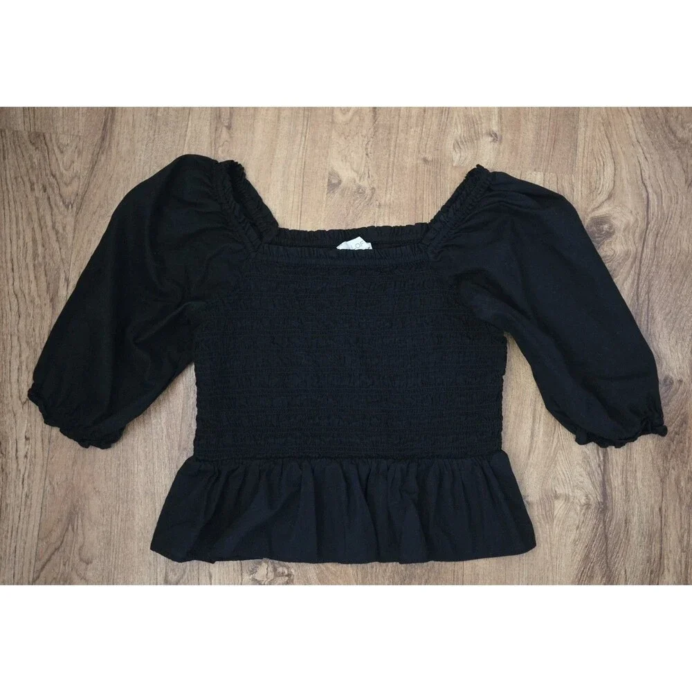 LOFT Womens Small Black Smocked Peplum Puff Sleeve Square Neck Blouse‎